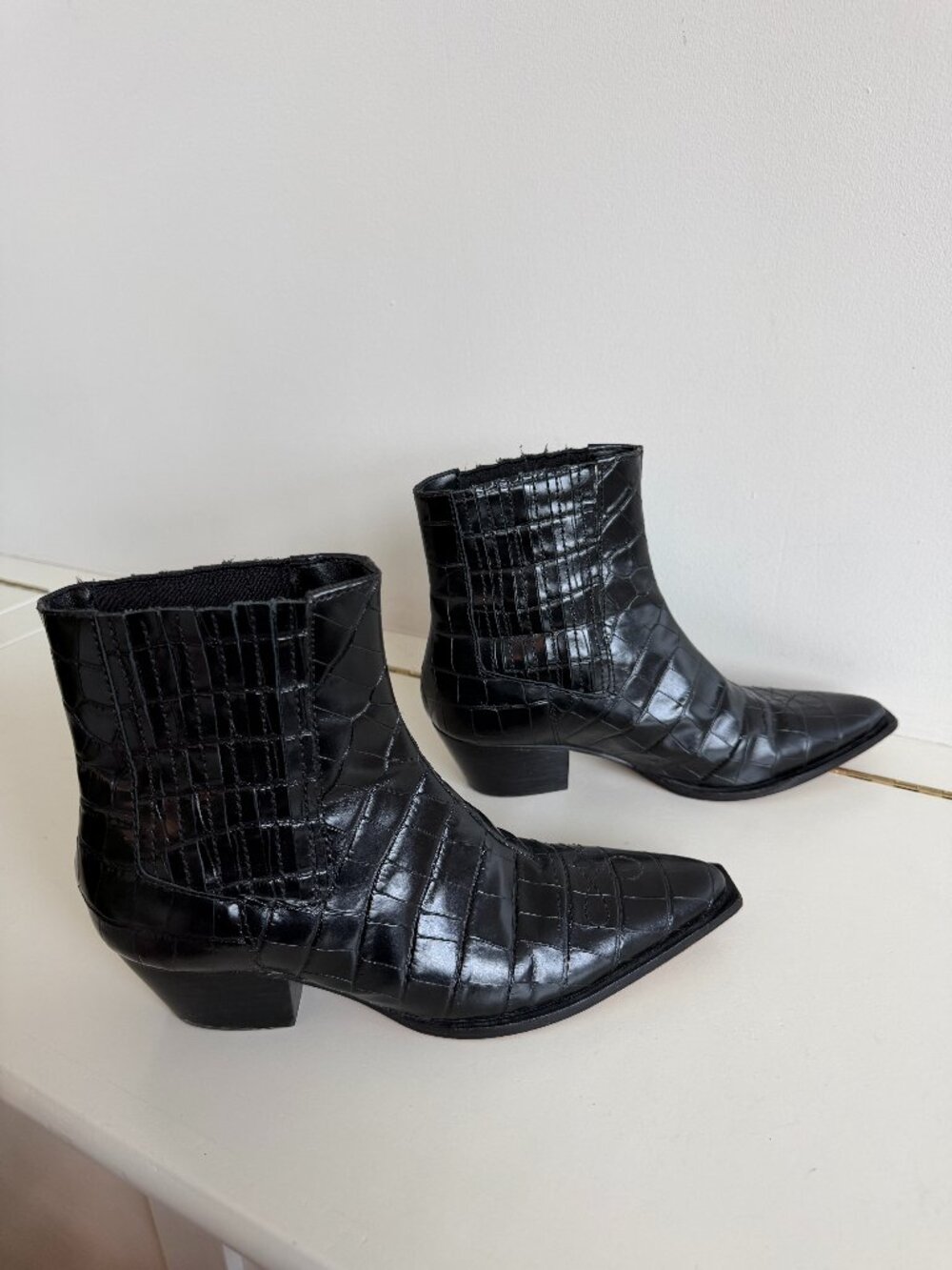 SCHUTZ Black Croc Embossed Leather Western Ankle Boots 6.5